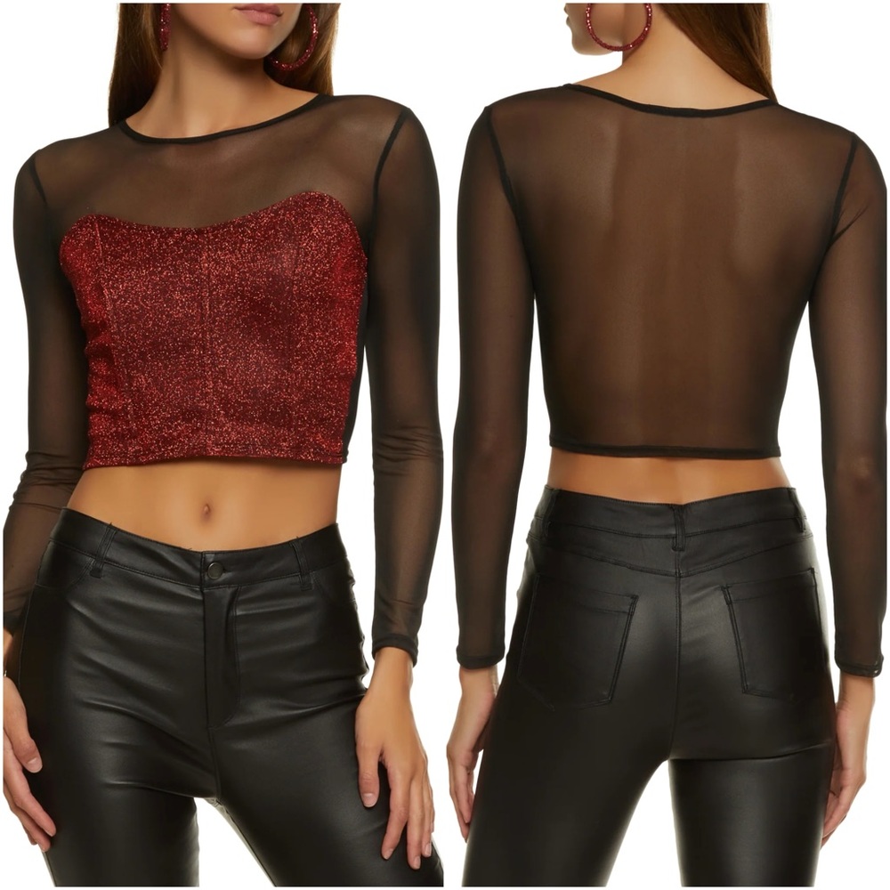 Will you be my valentine? 💌 Sheer sparkly red and black long sleeve crop top